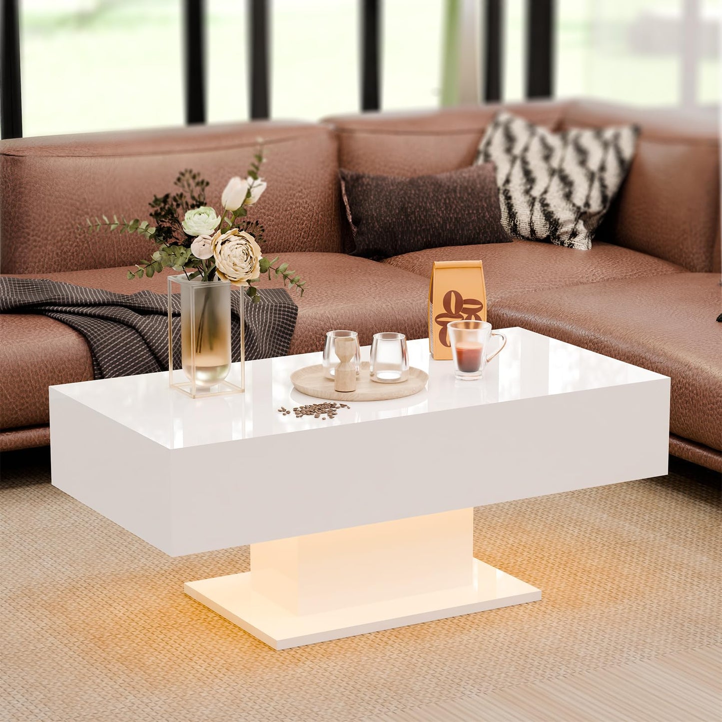 Led Coffee Table High Gloss Coffee Table with LED Lights Modern Center Table for Living Room, RGB Light with Remote Control, Modern White Living Room Table, White SIZE-C - WoodArtSupply