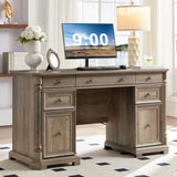 Yechen 55'' Wood Executive Desk with 7 Drawers - Farmhouse Home Office Desks with Power Outlet, Wooden Computer Desk with Roman Columns, Rustic Writing Table for Work & Study, Weathered Reclaimed Oak Yechen
