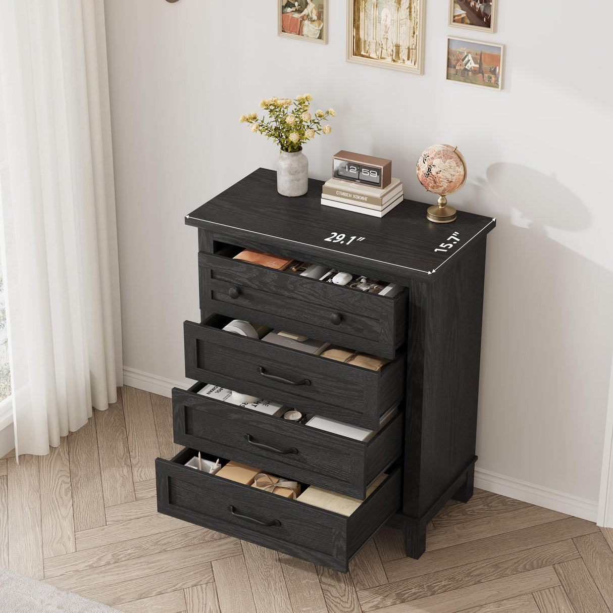 GarveeHome 4 Dresser for Bedroom, 34.8 in Tall Vertical Drawer Dresser with Large Storage, Freestanding Wooden Closet Chest for Bedroom, Living Room, Black GarveeHome