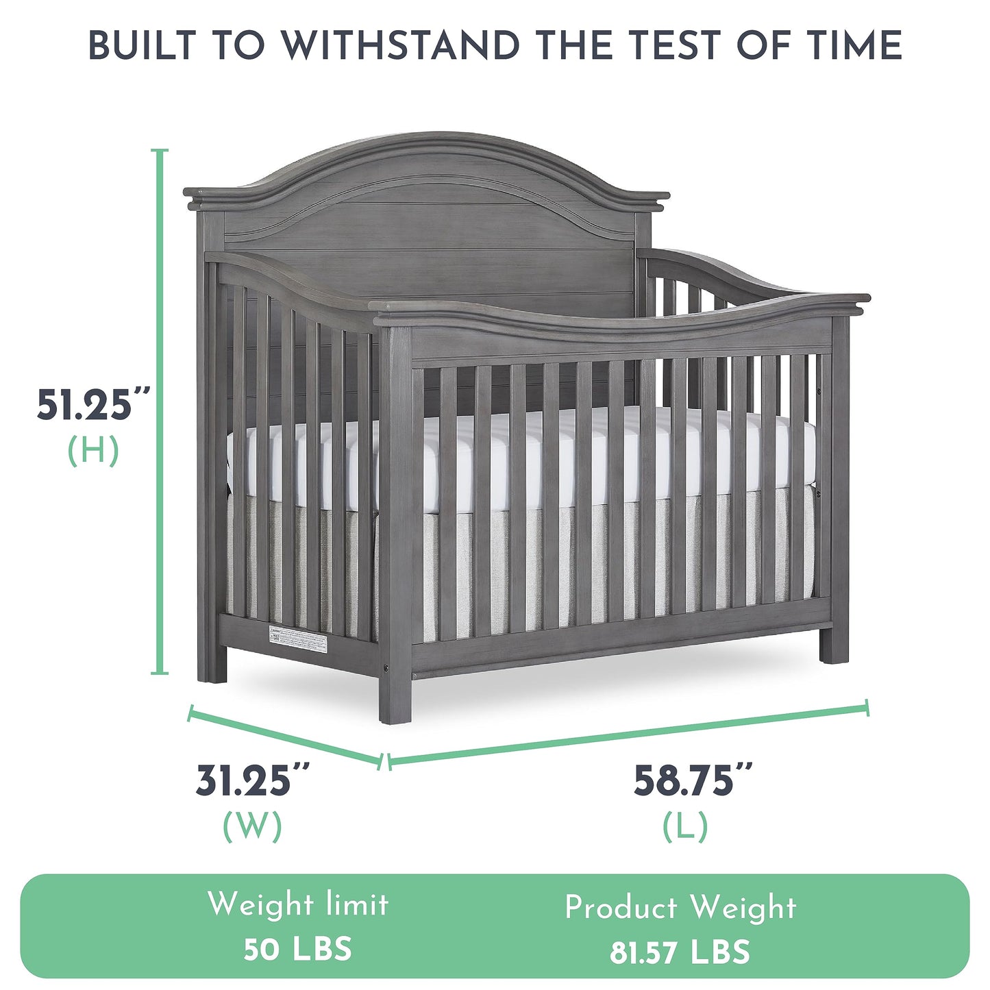 Evolur Belmar Curve 5-in-1 Convertible Crib in Rustic Grey, Greenguard Gold Certified, Features 3 Mattress Height Settings, Crafted from Hardwood, Wooden Nursery Furniture - WoodArtSupply