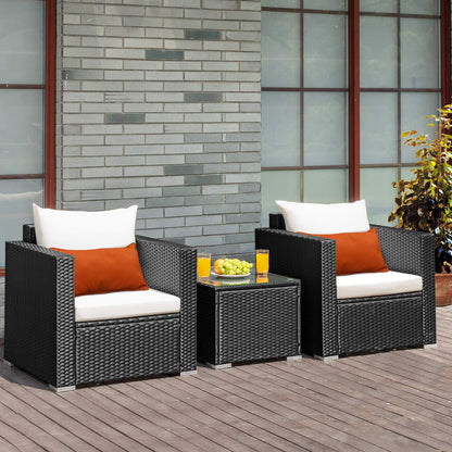 Tangkula 3 Pieces Patio Furniture Set, PE Rattan Wicker Sofa Set w/Washable Cushion and Tempered Glass Tabletop, Outdoor Conversation Furniture for Garden Poolside - WoodArtSupply