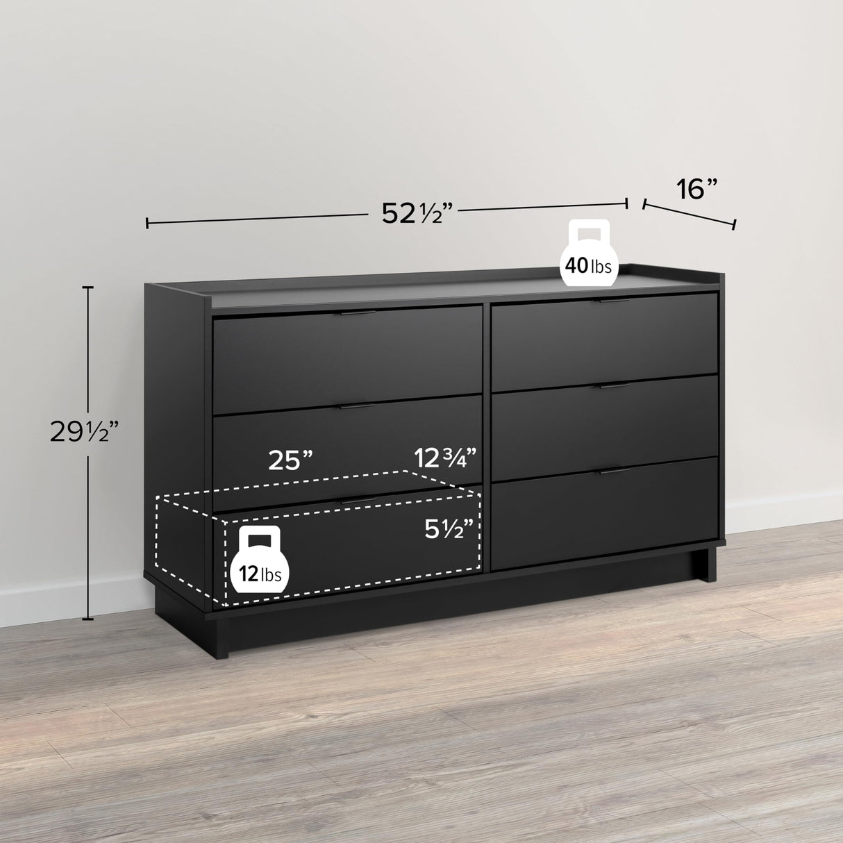 Prepac Simply Modern 6-Drawer Double Dresser for Bedroom, Chest of Drawers, Modern Bedroom Furniture, 52.5” wide x 16” deep x 29.5” tall, Black Prepac