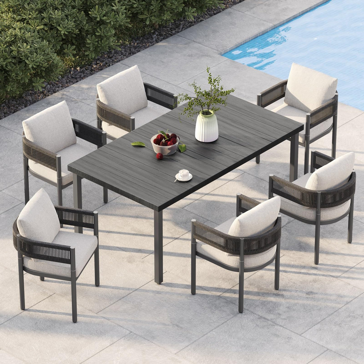 Grand patio Outdoor Dining Set for 6, 7 PCS Patio Table and Chairs Set, Metal Woven Wicker Fixed Patio Chairs with Thickened Cushions & 1 Rectangular Woodgrain Dining Table with Umbrella Hole (Black) Grand patio