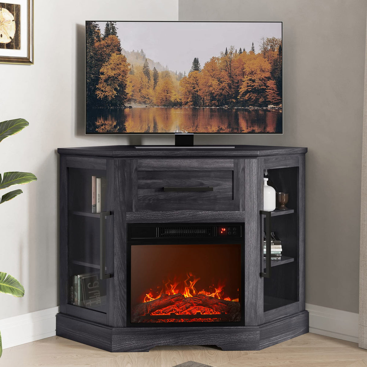 BELLEZE 43" Corner TV Stand with 18" Electric Fireplace Heater for TVs up to 43", Modern Corner Wood Entertainment Center with Glass Door Storage Cabinets - Dale (Rustic Grey) BELLEZE