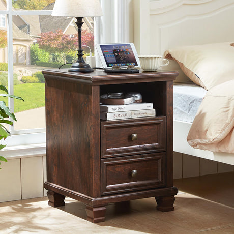 SAVOR LIFE Farmhouse Nightstand with Charging Station, Rustic Brown Nightstand,2 Drawers End Table for Living Room,Bedside Table with Open Shelf for Bed Room,Walnut SAVOR LIFE