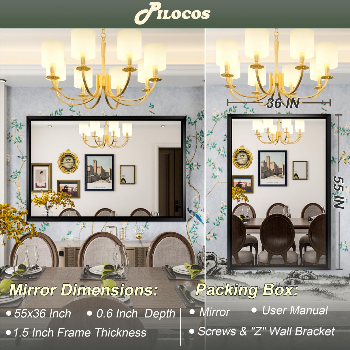 PILOCOS 55X36 Inch Black Metal Framed Bathroom Mirror for Wall, Matte Black Bathroom Vanity Mirror Farmhouse Large Rectangle Mirror, Anti-Rust, Tempered Glass, Hangs Horizontally or Vertically PILOCOS