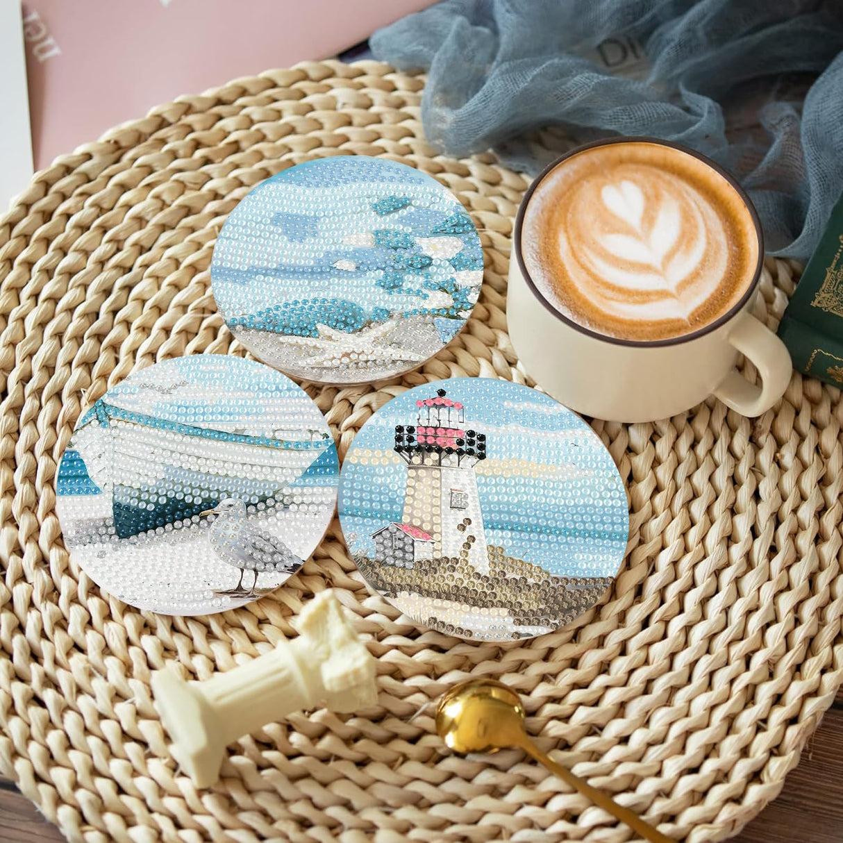 askkqtx 8 Pcs Beach Diamond Art Coasters Kits with Holder, Sea Diamond Painting Coasters Kits for Adults, Light House DIY 5D Diamond Dots Small Mini Kit Full Drill Art Craft Supplies 4X4 Inch askkqtx
