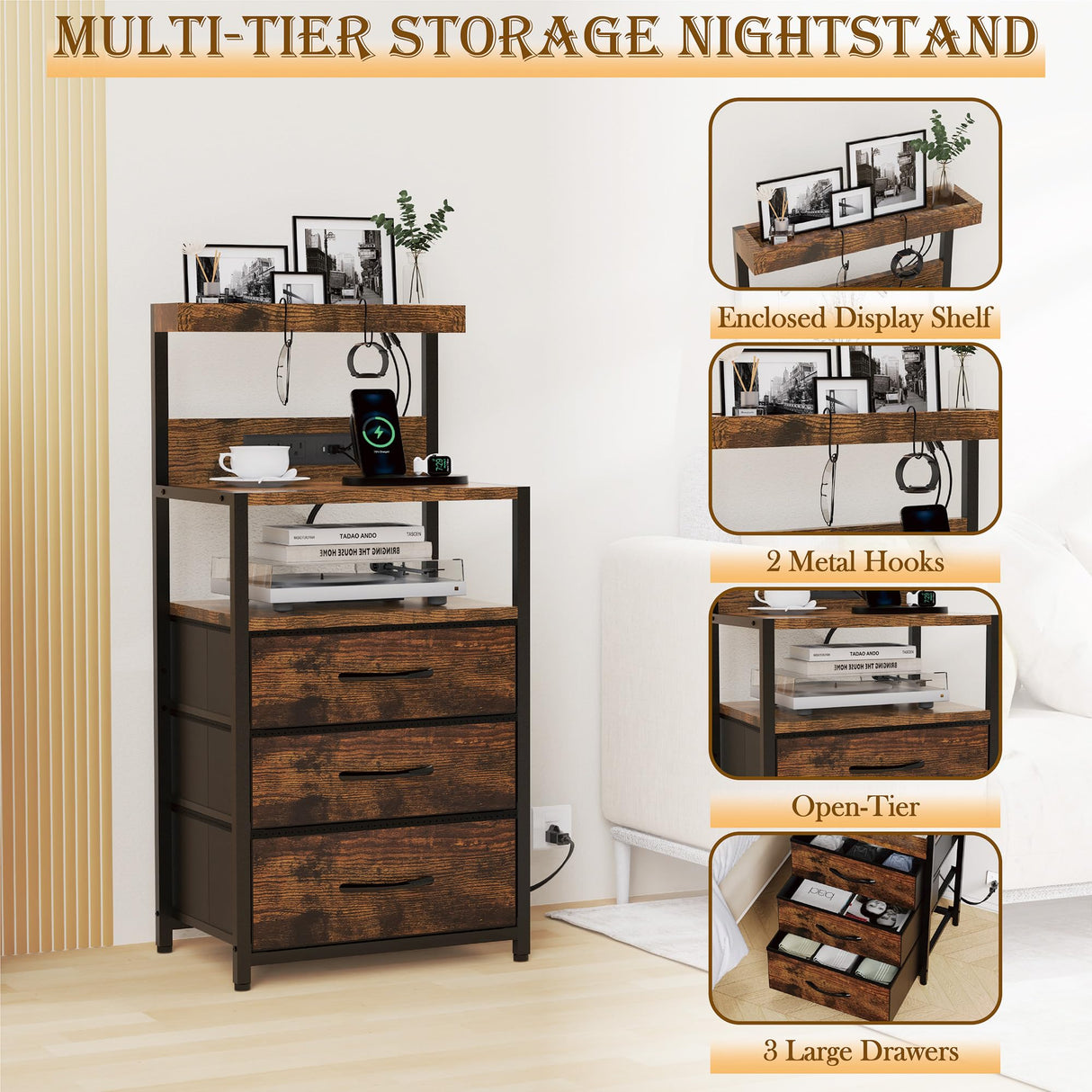 SZLHANJZ Nightstands Set of 2 with Outlet and USB C Port, Bedroom Night Stand with Led Lights and 3 Fabric Drawers, Matching Bedside Tables with Hooks, Vintage Style Storage End Tables, Rustic Brown SZLHANJZ