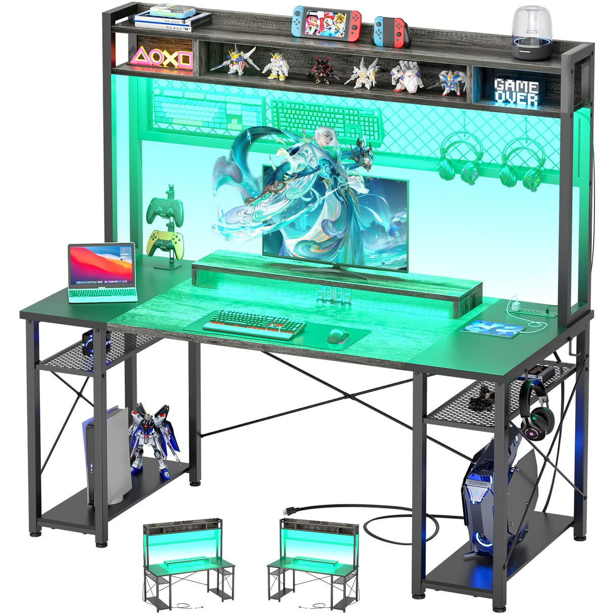 iSunirm 48 Gaming Desk with Hutch, Large Computer Desk with LED and Charging Station, Home Office Desk with Pegboard, Power Outlet, Storage and Monitor Stand, 48'' Gamer Desk PC Table, Grey iSunirm