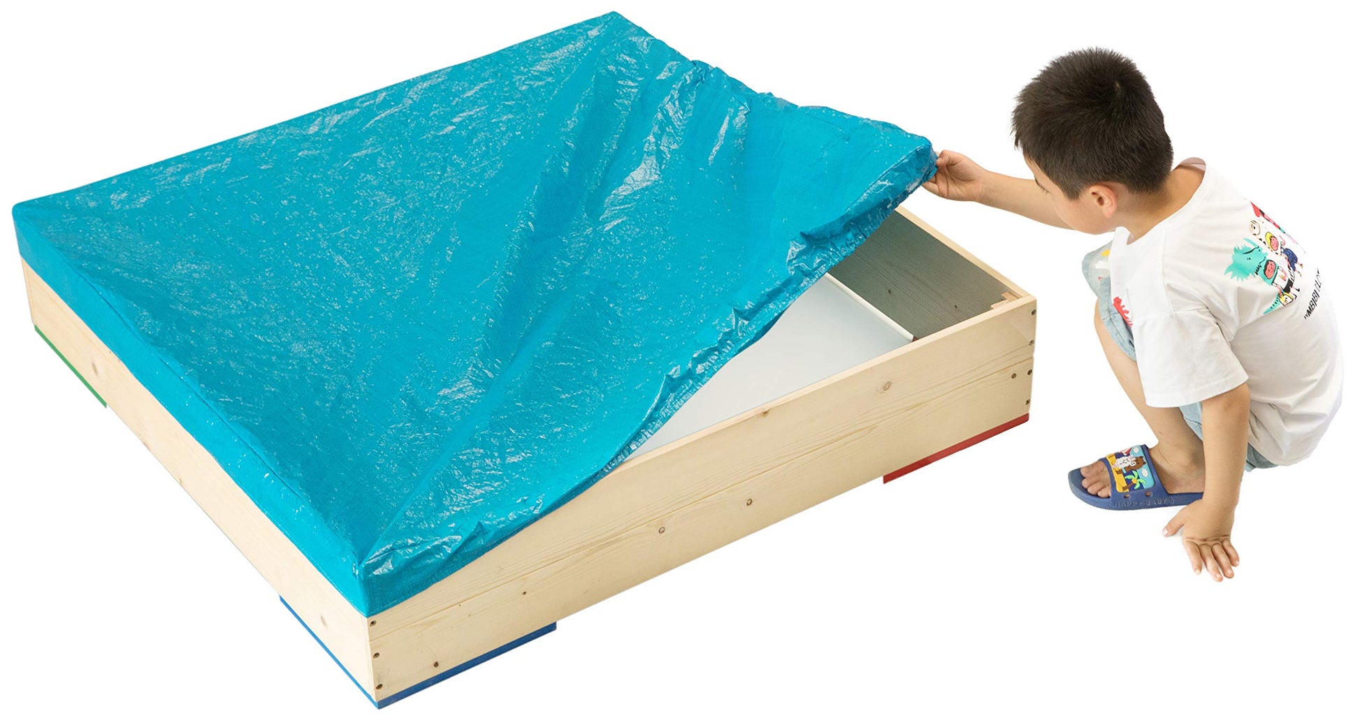 PLAYBERG Outdoor Wooden Sand Box with Floor Cover and Waterproof Protection Cover, Square Sandpit for Kids - WoodArtSupply