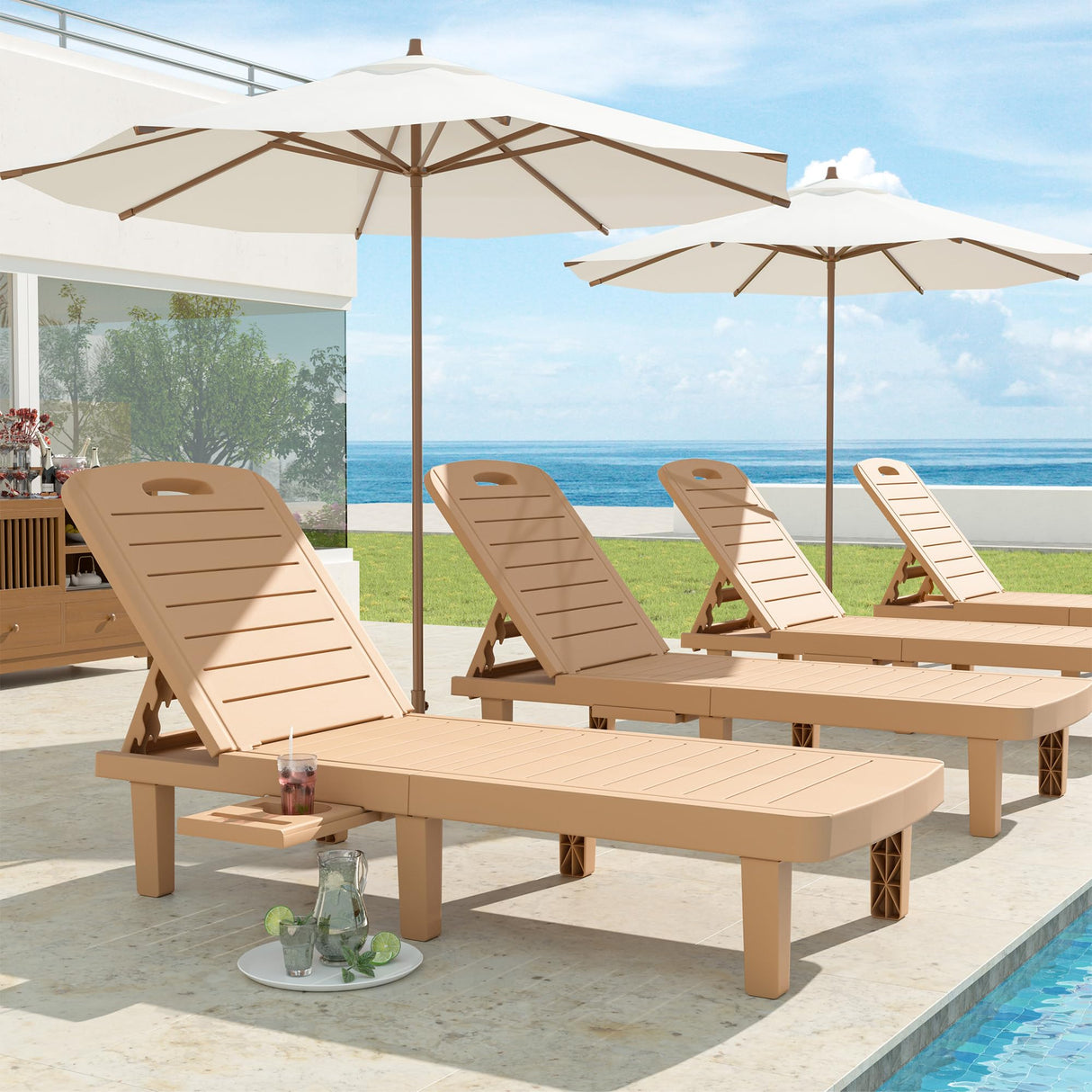 UDPATIO Oversized Outdoor Chaise Lounge Chair Set of 2, 5-Level Adjustment Backrest, Extra Widen Chaise with Cup Holder Easy Assembly for Pool Beach Garden (Wood Grain) UDPATIO