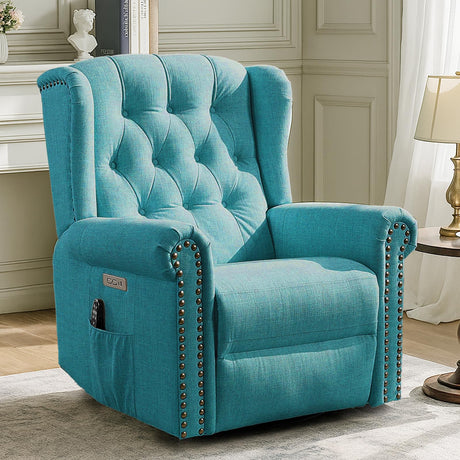 MEETWARM Power Swivel Rocking Glider Recliner Chair with Heat and Vibration, Electric Rocker Nursery Reclining Chair, Wingback Tufted Upholstered Recliner for Living Room, Type-C & USB Ports (Teal) MEETWARM