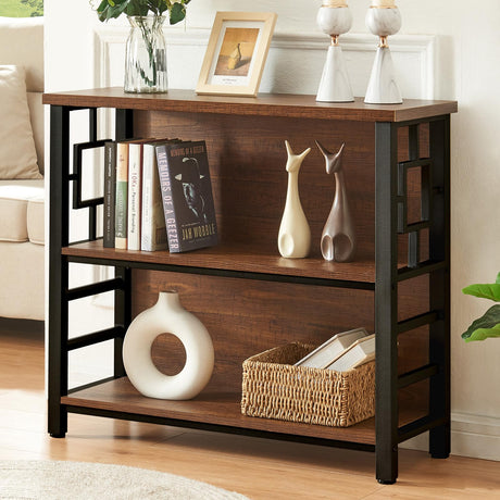 HOMISSUE Book Shelf, 3 Tier Deep Bookshelf with Storage, Engineered Wood and Metal Shelf Bookcase, Low Short Bookcases for Small Space, Living Room, Bedroom, Office, Rustic Brown HOMISSUE