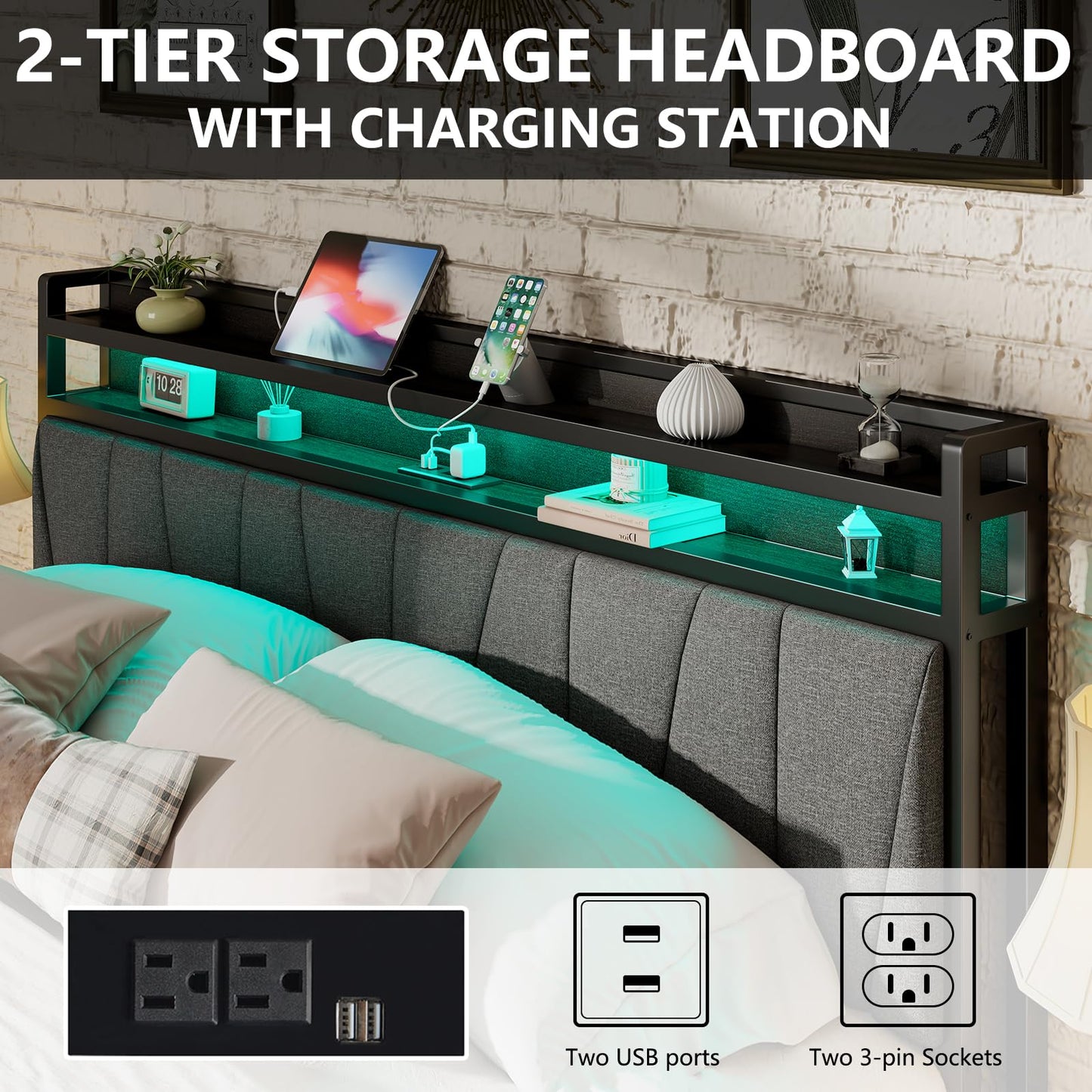 LUXOAK King Size Bed Frame with LED Lights, Charging Station & Upholstered Headboard in Black - WoodArtSupply