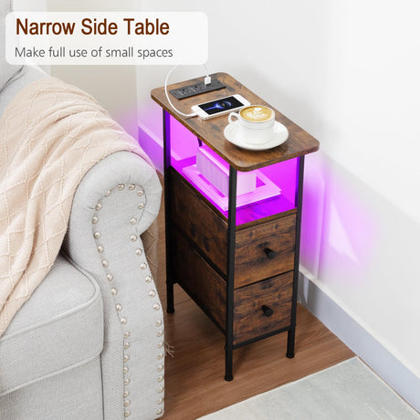 LOAKEKEL Narrow End Table Living Room with Charging Station, Skinny Side Table with Fabric Drawers, Slim LED Nightstand for Bedroom, Small Spaces, Couch, Rustic Brown, HETNDP02LPBR-1 LOAKEKEL