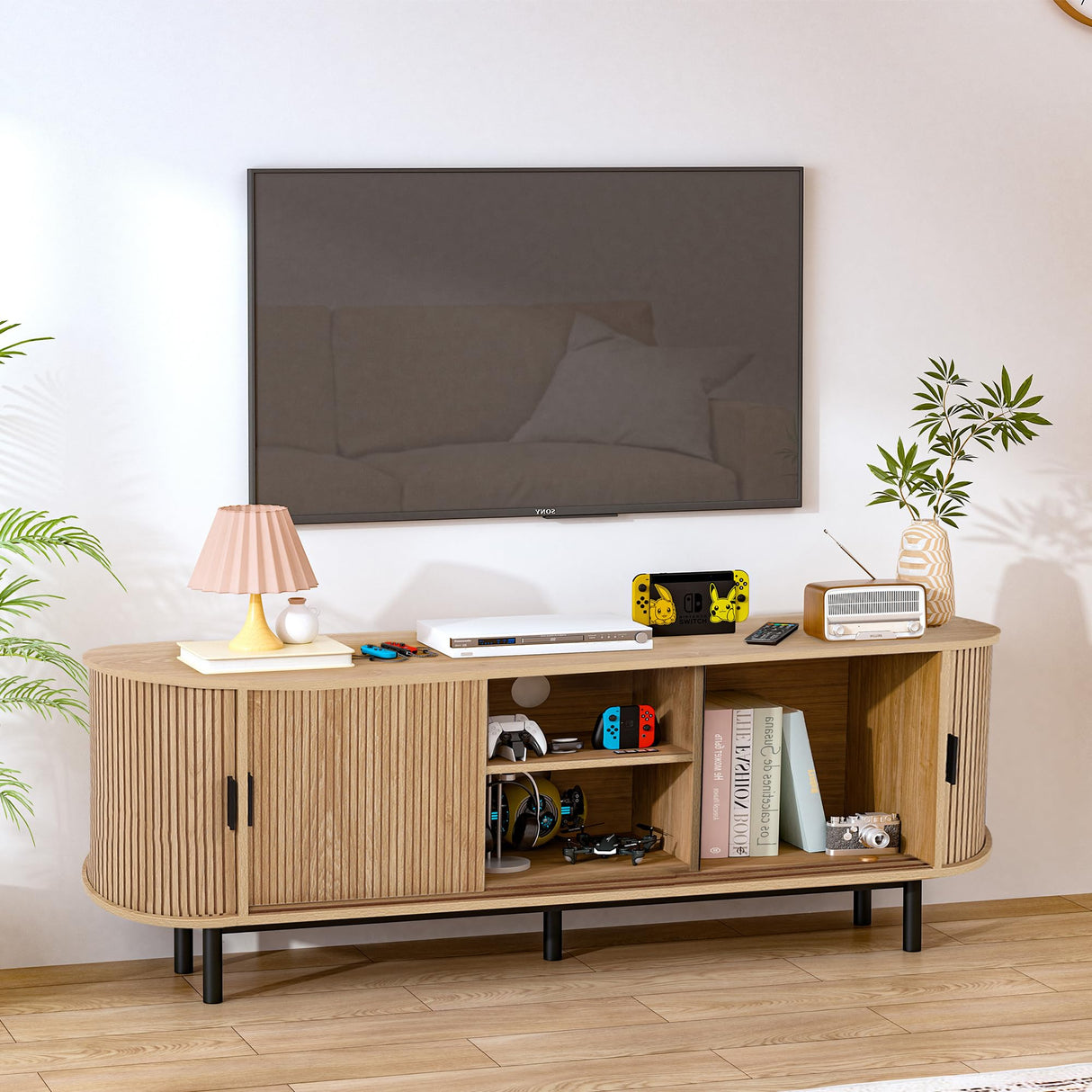 FurSch 62" Tambour Door TV Stand,Wood Mid Century Modern TV Cabinet for Up to 65“ TV,Curved Edge Long TV Stand with Storage for Bedroom Living Room (Natural, 62.2inch) FurSch