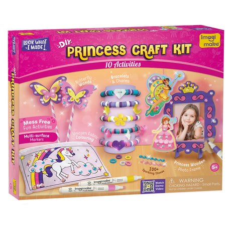 Imagimake Princess Craft Kit | 10 Mess-Free DIY Activities | Bracelet Making Kit, Unicorn Pouch, Butterfly Wands & Photo Frame | Girls Toys Age 6-8 | 5,6,7,8,9,10,11,12 Year Old Girl Birthday Gifts Imagimake