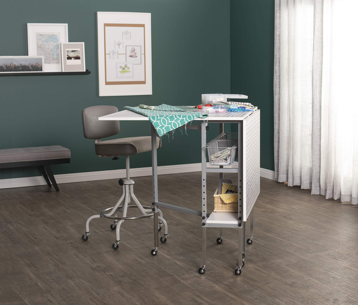 Sew Ready Foldable Hobby and Cutting Grid Table - 58.75" W x 36.5" D White Arts and Crafts Table with Grid Top and Silver Storage Drawers Sew Ready
