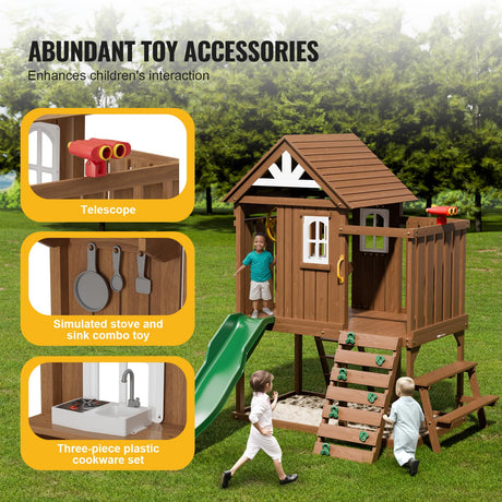 VEVOR Outdoor Wooden Playhouse, Modern Cedar Playhouse for Age 3-10 Years Kids, Garden Games Cottage, Country Style Cedar with Slide, Ladder, Climbing Wall, Windows, Picnic Table and Bench VEVOR