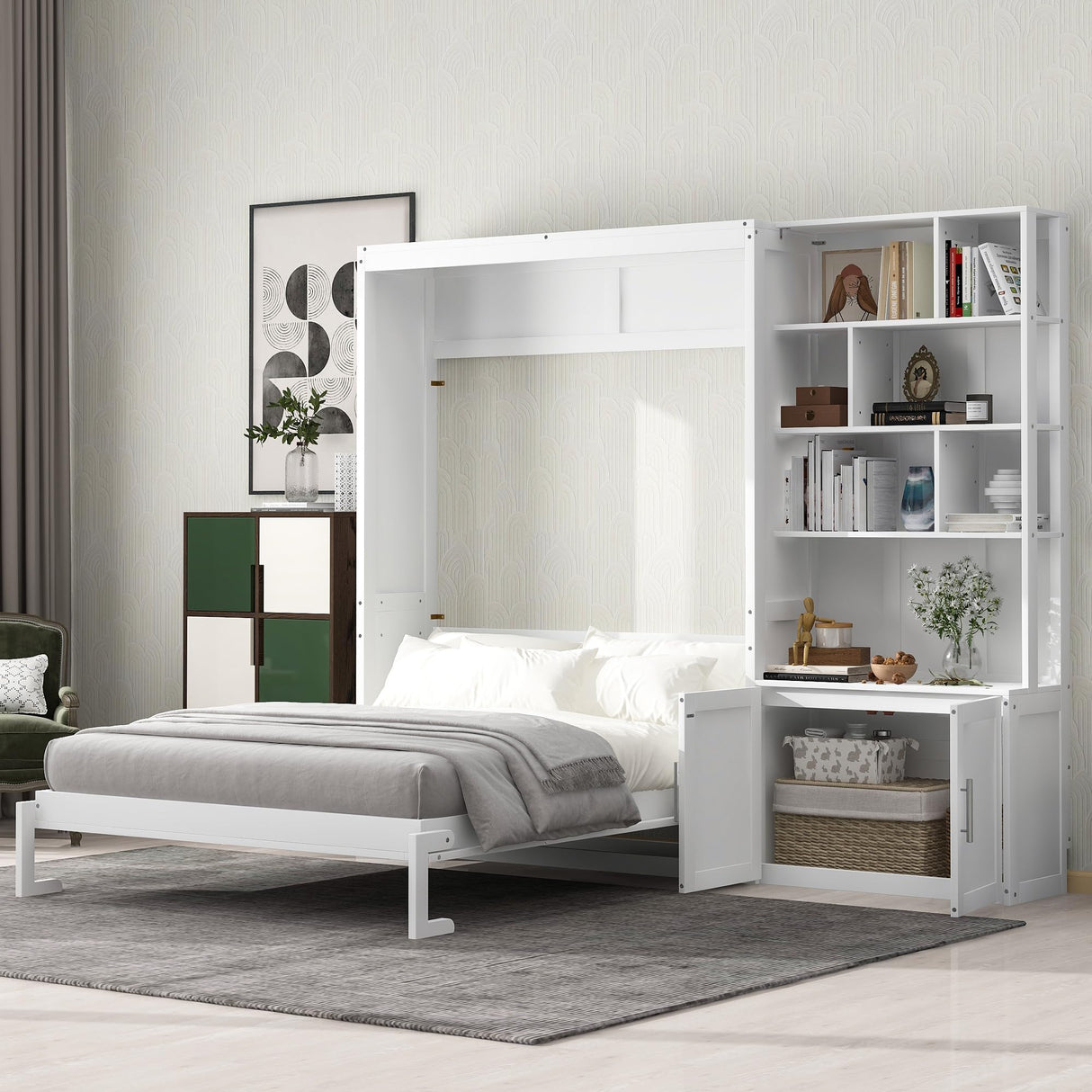 Merax Full Size Murphy Bed, White Wood Wall Bed Cabinet with Multiple Storage Shelves and a Cabinet Merax