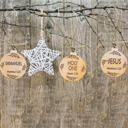 25 Pack Names of Jesus Ornaments, 5 cm / 2 inch Diameter | Name of Jesus Advent, Wood Hanging Ornaments with Savior Names, Ornaments for Christmas Tree Decor