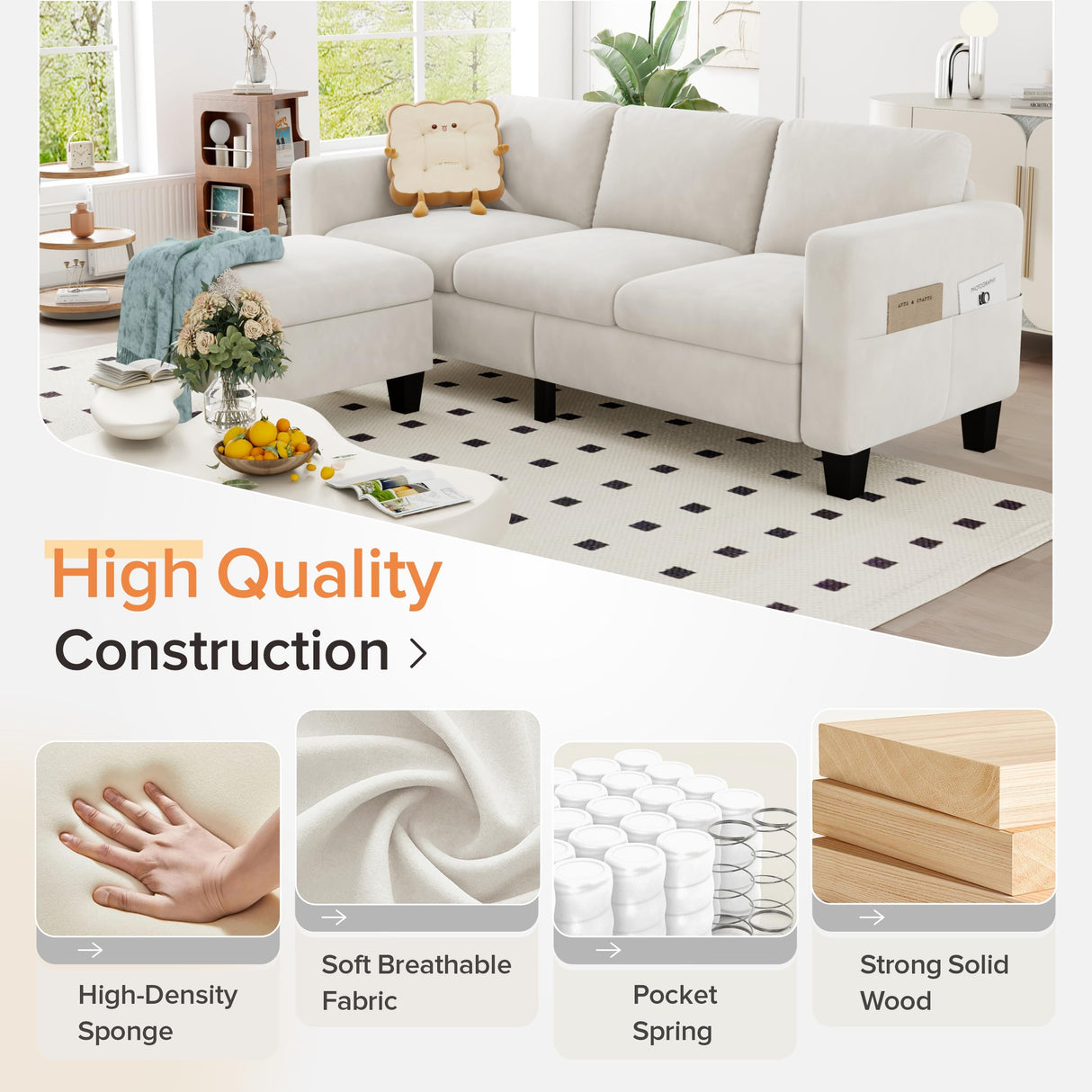 ZeeFu Convertible Sectional Sofa Couch,Classic 3 Seat L-Shaped Sofa Set with Movable Ottoman, Modern Beige Velvet Fabric Upholstered Small Sectional Sofa Couch for Small Apartment Living Room Office ZeeFu