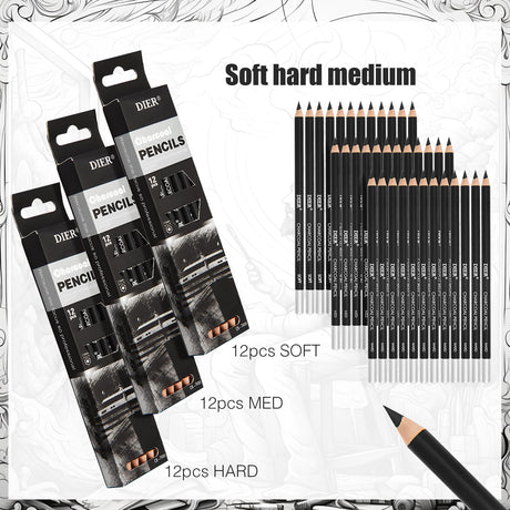 Geyoga 36 Pcs Professional Charcoal Pencils Soft, Medium and Hard for Drawing Charcoal Pencils for Sketching Shading Drawing Blending Portrait(Black,Assorted) Geyoga