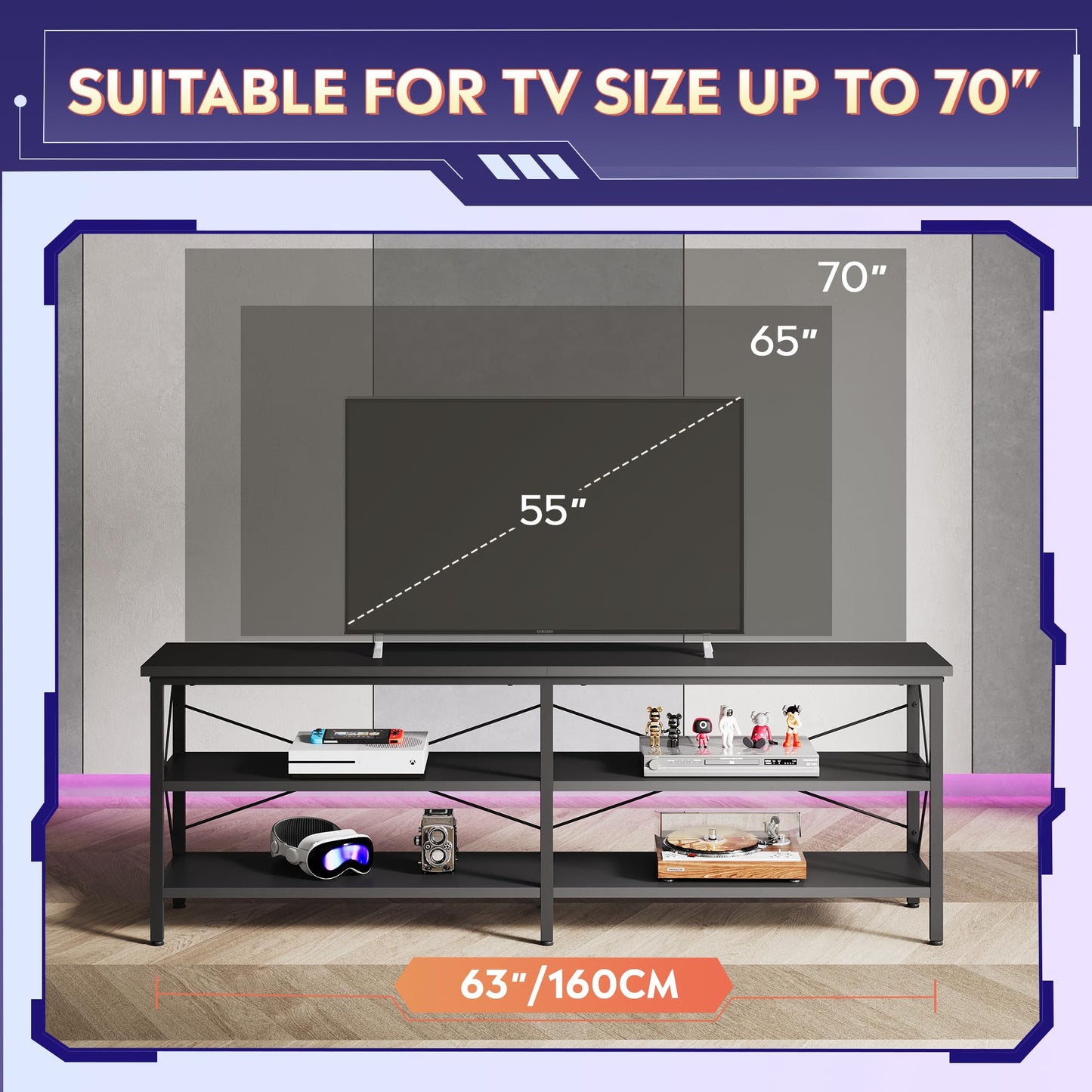 WLIVE TV Stand up to 70 Inch TV, 63" Entertainment Center with LED, TV Media Console with 3-Tier Storage Shelves for Living Room and Bedroom, Black