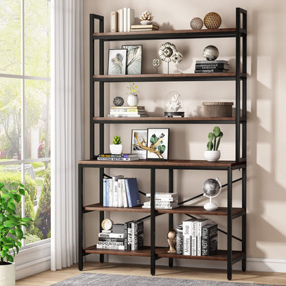 Tribesigns Rustic Brown 6-Tier Industrial Bookshelf with Open Shelves and X-Shaped Frame - WoodArtSupply