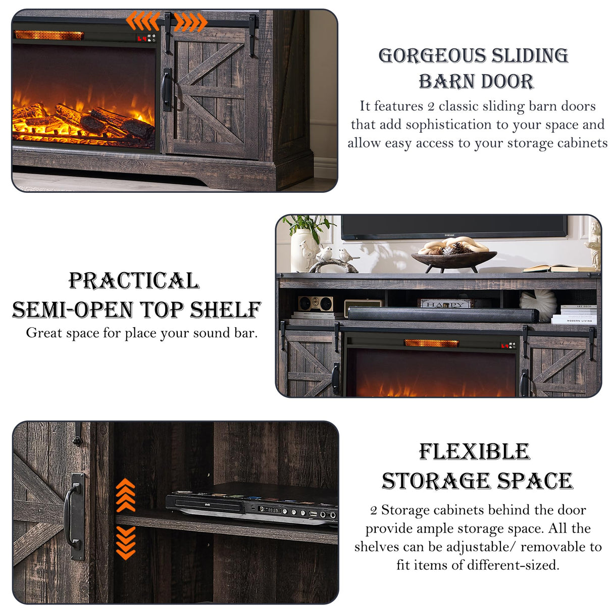 OKD Fireplace TV Stand for 80 Inch TV, 33" Tall Highboy Farmhouse Entertainment Center w/ 36'' Electric Fireplace, Rustic Media Console w/Sliding Barn Door for Living Room, Dark Rustic Oak OKD