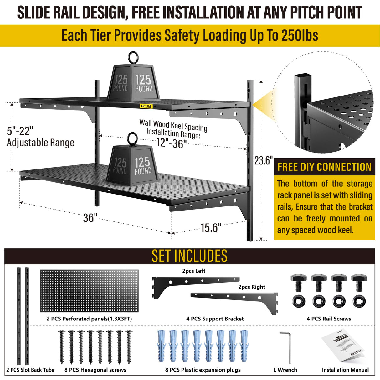 Aecxm 1pack×2 Tier 1.3x3ft Garage Shelving Wall Mounted, 400 lbs Load Capacity,15.6x36inch per Shelf Height Cassette Adjustable Floating Shelves, Black Aecxm
