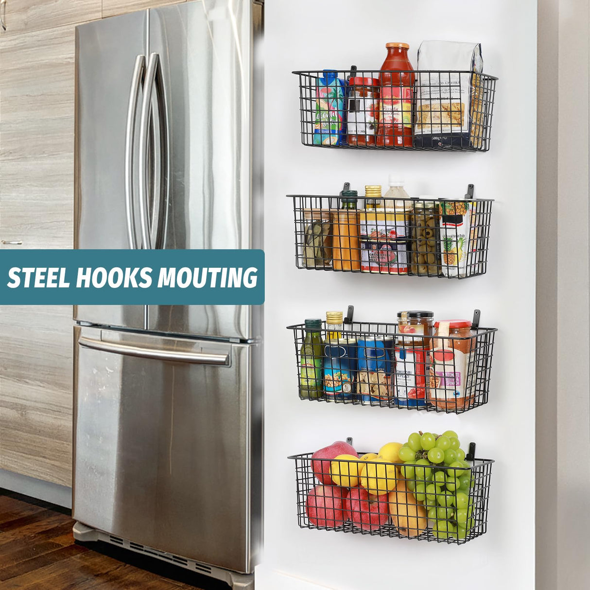 4 Set [EXTRA LARGE] Hanging Wall Mount Storage Baskets with Adhesive Hooks & Steel Hooks, Multiuse Sturdy Wire Metal Organizing Baskets for Home Kitchen Bathroom Pantry Utility Organizer, Black AOZITA