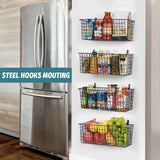 4 Set [EXTRA LARGE] Hanging Wall Mount Storage Baskets with Adhesive Hooks & Steel Hooks, Multiuse Sturdy Wire Metal Organizing Baskets for Home Kitchen Bathroom Pantry Utility Organizer, Black AOZITA