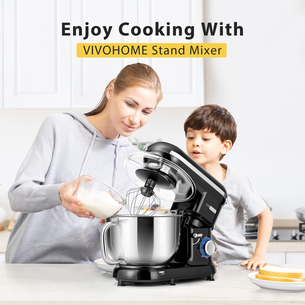 VIVOHOME Stand Mixer, 660W 10 Speed 6 Quart Tilt-Head Kitchen Electric Food Mixer with Beater, Dough Hook, Wire Whip and Egg Separator, Black VIVOHOME
