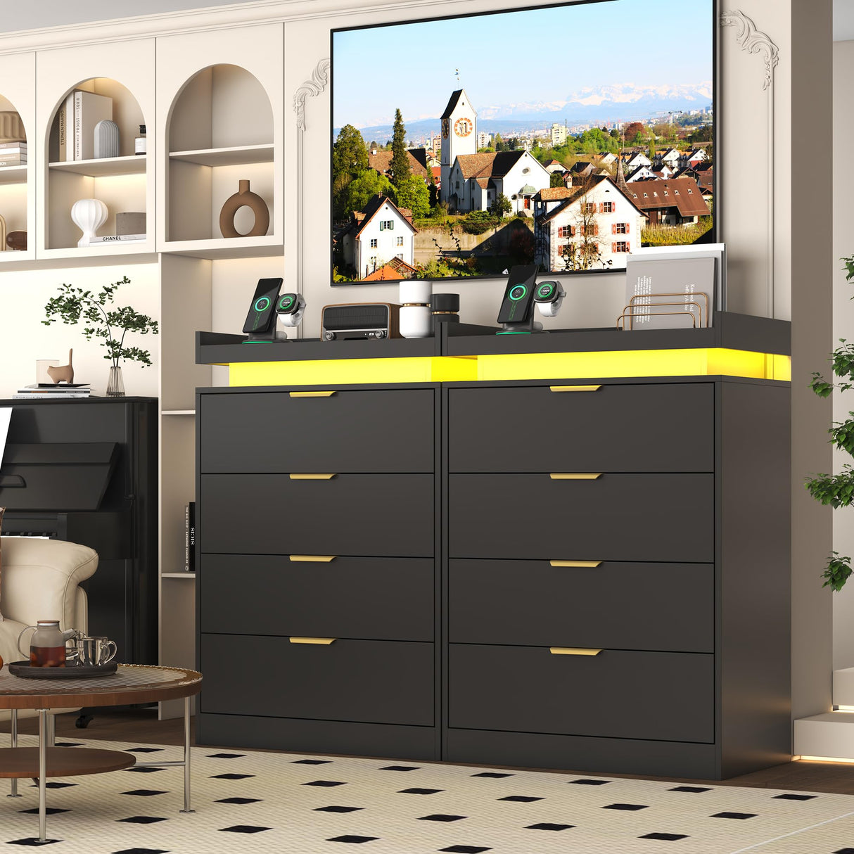 knoworld Black Dresser with LED Lights, Wooden LED Dresser, 4 Drawer Chest with Charging Station, Tall Chest of Drawer Closet Organizer for Bedroom, Living Room, Entryway, Hallway knoworld