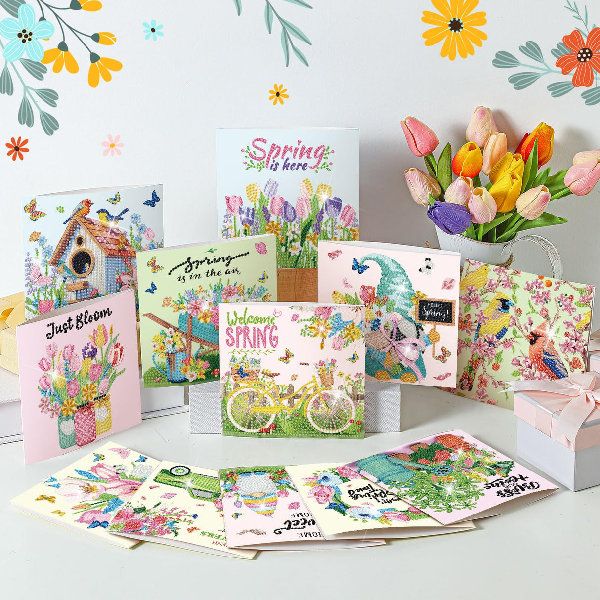 Saillong 12 Pack Spring Diamond Painting Greeting Card Kits Easter Diamond Art Cards with Envelopes Gnome Tulips Flowers 5d Rhinestones Painting Kits for Adults DIY Crafts Family Friend Spring Gifts Saillong
