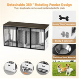RQZ 65" Double Dog Crate Furniture for 2 Dogs Heavy Duty Wood Dog Cage Table with 3 Storage Drawers and 4 Stainless Steel Bowls Dog Kennel Indoor for Medium Large Dogs RQZ