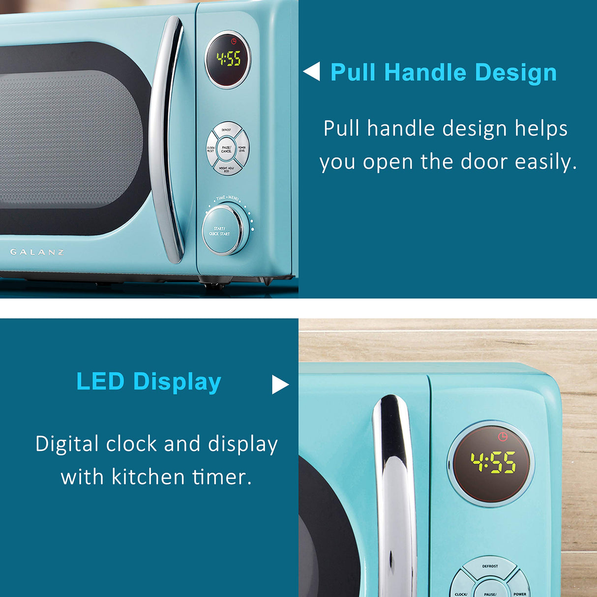 Galanz GLCMKA07BER-07 Retro Microwave Oven, LED Lighting, Pull Handle Design, Child Lock, Bebop Blue, 0.7 cu ft Galanz