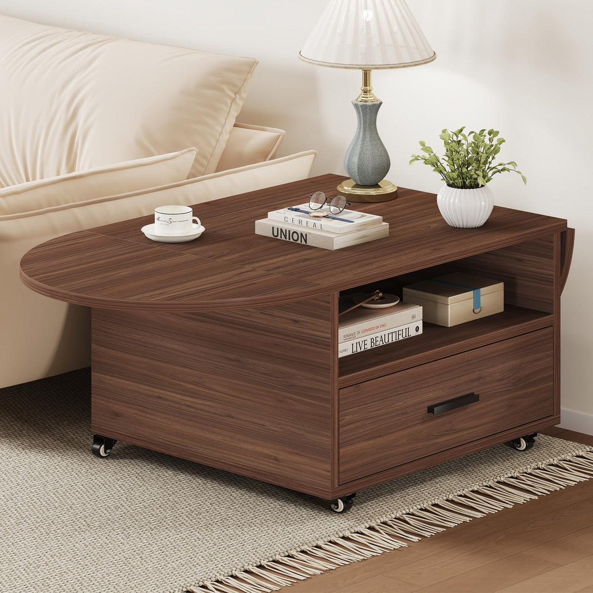 IBF Foldable Coffee Table with Drawer, Wood Living Room Table with Storage, Multifunctional Oval Center Table with Wheels, Extendable Rolling Tea Table for Living Room Home Office, Walnut, 47 Inch IBF
