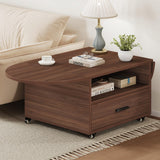 IBF Foldable Coffee Table with Drawer, Wood Living Room Table with Storage, Multifunctional Oval Center Table with Wheels, Extendable Rolling Tea Table for Living Room Home Office, Walnut, 47 Inch IBF
