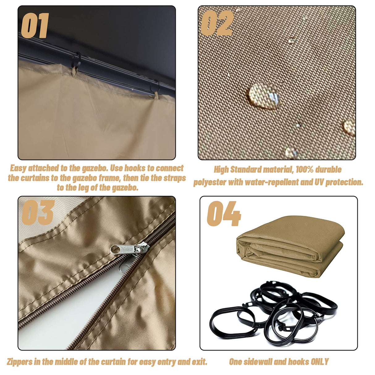 Tanxianzhe Gazebo Replacement Privacy Curtain with Zipper Outdoor Universal Privacy Panel Sidewall for 10' x 12' Gazebo (Khaki) Tanxianzhe