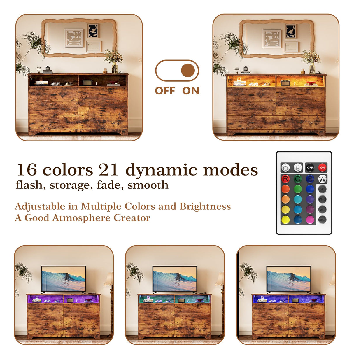 LIKIMIO 6 Drawer 59" Dresser with LED and Power Strip, Dressers & Chests of Drawers with Storage Cabinet for Bedroom, Rustic Brown LIKIMIO