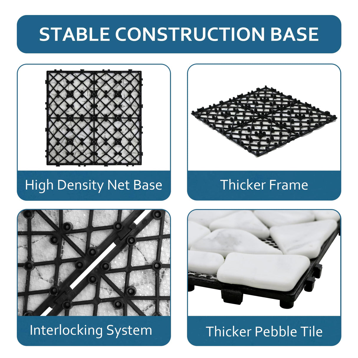 SUNWINGS 4PCS Natural Stone Interlocking Deck Tiles 12"x12" Pebble Waterproof Patio Deck, Outdoor Indoor Floor Decking Tiles for Porch Poolside Balcony Backyard, Carrara White sunwings