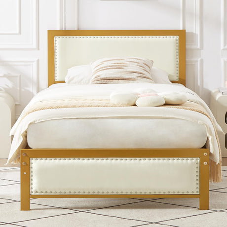 VECELO Twin Size Bed Frame with Upholstered Headboard, Heavy-Duty Metal Platform with Strong Support Slats, No Box Spring Needed, Easy Assembly, Beige VECELO