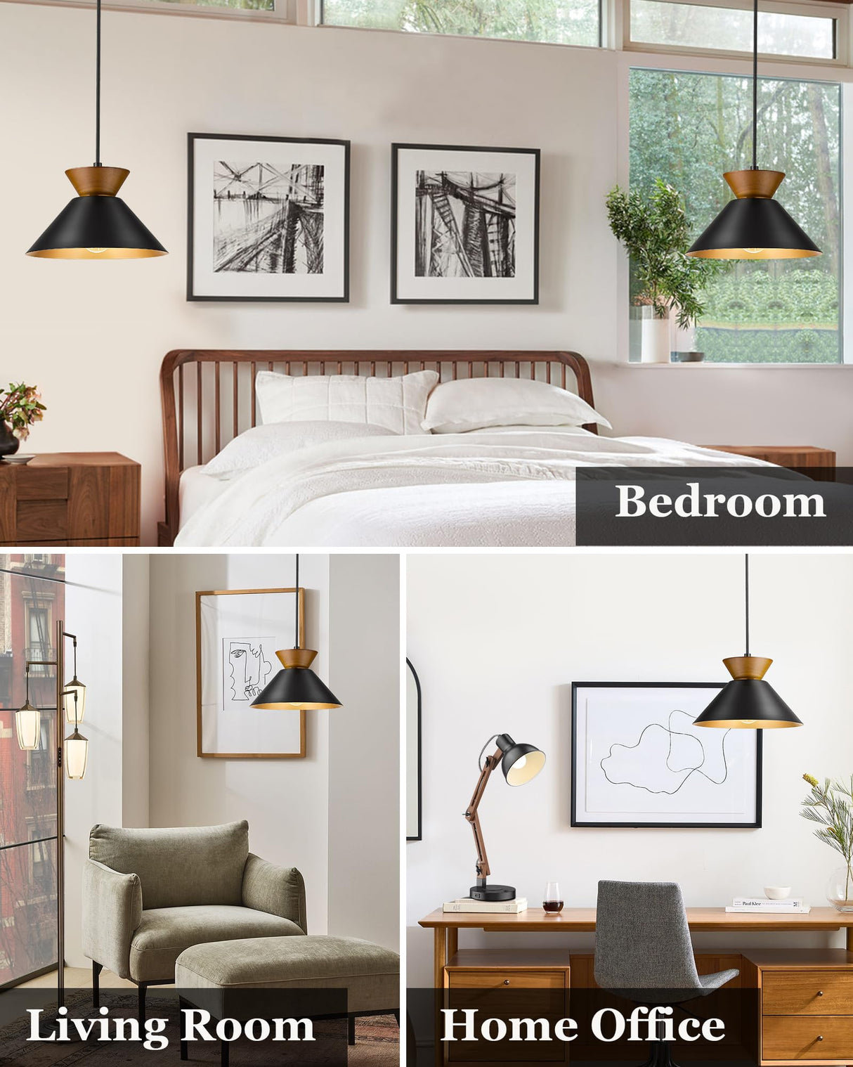 ELYONA Modern Pendant Light Kitchen Island, 10" Solid Wood Hanging Lamp with Matte Black Metal Shade & Gold Inner Finish, Farmhouse Pendant Light Fixtures for Dining Room Bedroom Living Room Hallway ELYONA