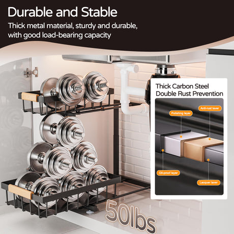 ADBIU Under Sink Organizer, 2 Pack 2 Tier Expandable Height (13.2" - 17.2") Pulling Out Kitchen Bathroom Cabinet Organizers ADBIU