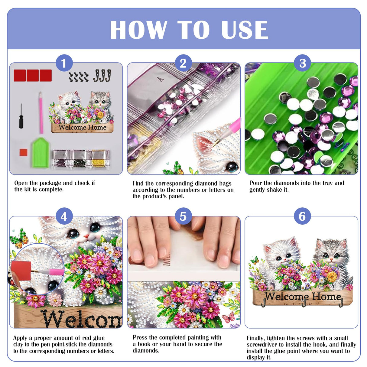 Diamond Art Kits for Adults, DIY Diamond Painting Key Holder for Wall with 3 Hooks for Hanging Keys, Sunglasses, Bag (Cats) WoodArtSupply