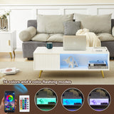 COSVALVE 41.3IN LED White Coffee Tables for Living Room with 16 Colors LED Lights, Modern Minimalist Coffee Table with Fluted Panel, Rectangle Center Table Game Table COSVALVE