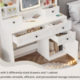 IRONCK Vanity Desk with LED Lighted Mirror, Large Storage Makeup Vanity Table with 5 Drawers, Cabinet, 7 Open Shelves, Power Outlet, Storage Stool, Bedroom, White IRONCK