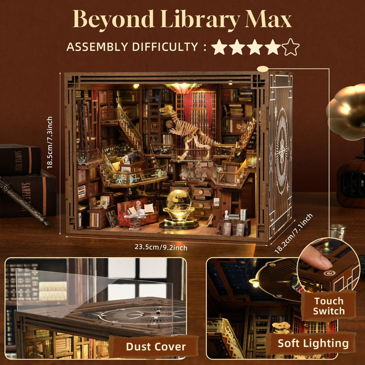 DIY Book Nook Kit, Miniature Dollhouse Booknook Kit, 3D Wooden Puzzle Bookend Bookshelf Insert Decor with LED Light for Teens and Adults (Beyond Library Max) CCCDF